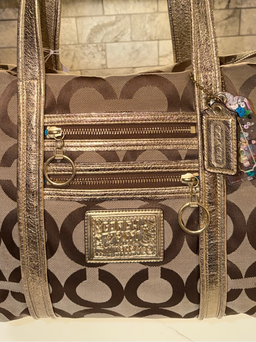Coach 2009 Poppy Brown Signature Canvas Tote with Metallic Gold Trim